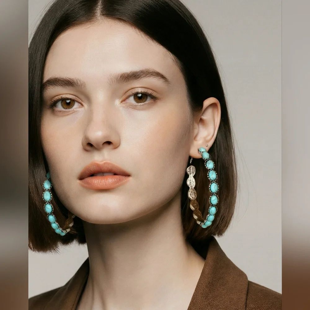 Free People Buckaroo Turquoise Hoop Earrings Western Boho Cowgirl Statement New